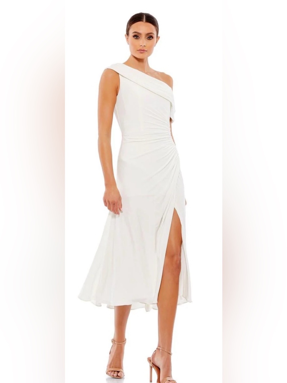 Mac Duggal White One-Shoulder Ruched Side-Slit Gown